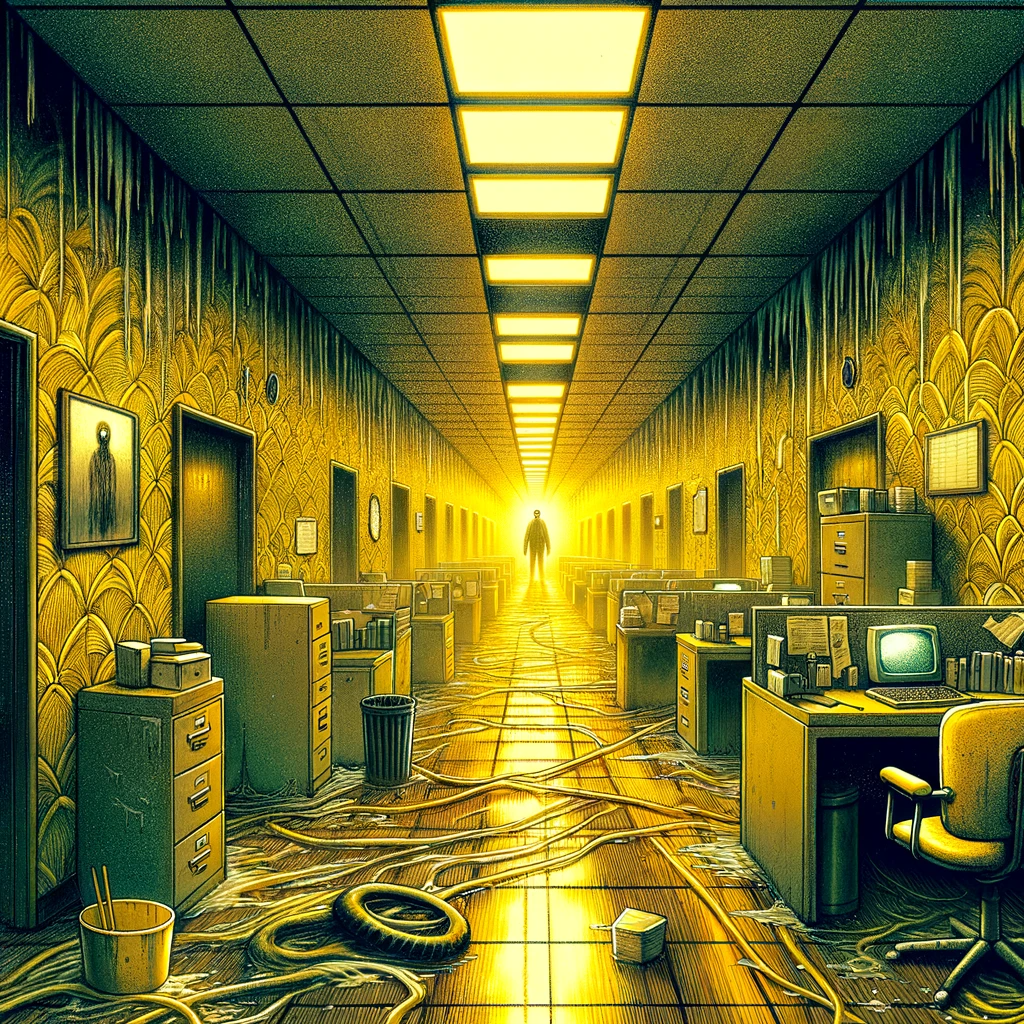 an endless maze of empty, abandoned offices with a distinct yellow wallpaper, stained carpets, buzzing fluorescent lights, and a mysterious figure